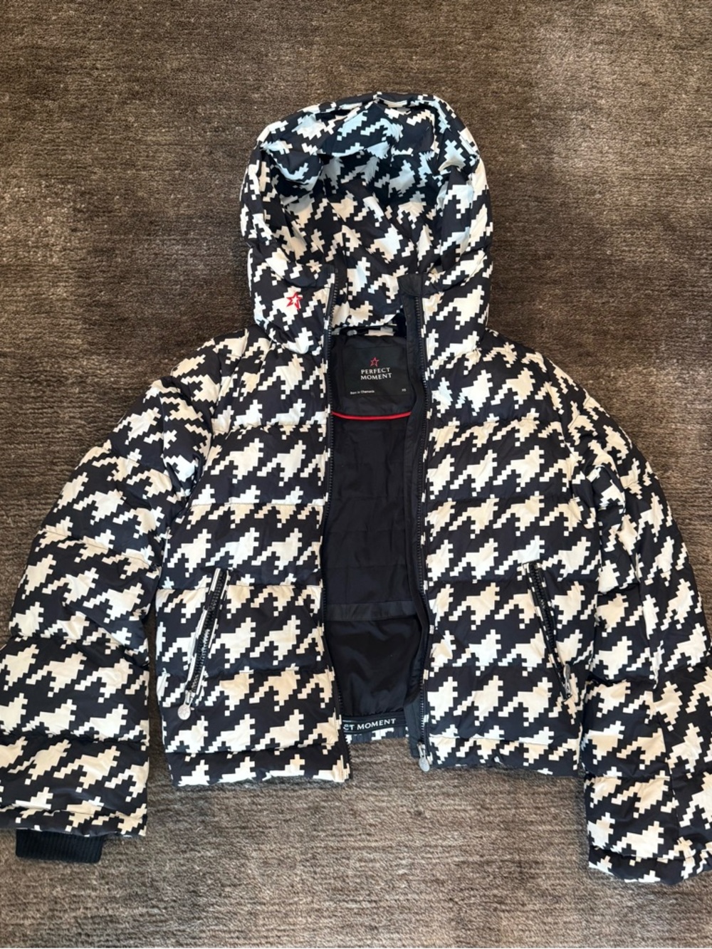 Perfect Moment Kids Black & White Houndstooth Puffer Jacket with Hood